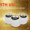 Cosmetic cream containers with 'Glow with Us' text on a decorative gold background
