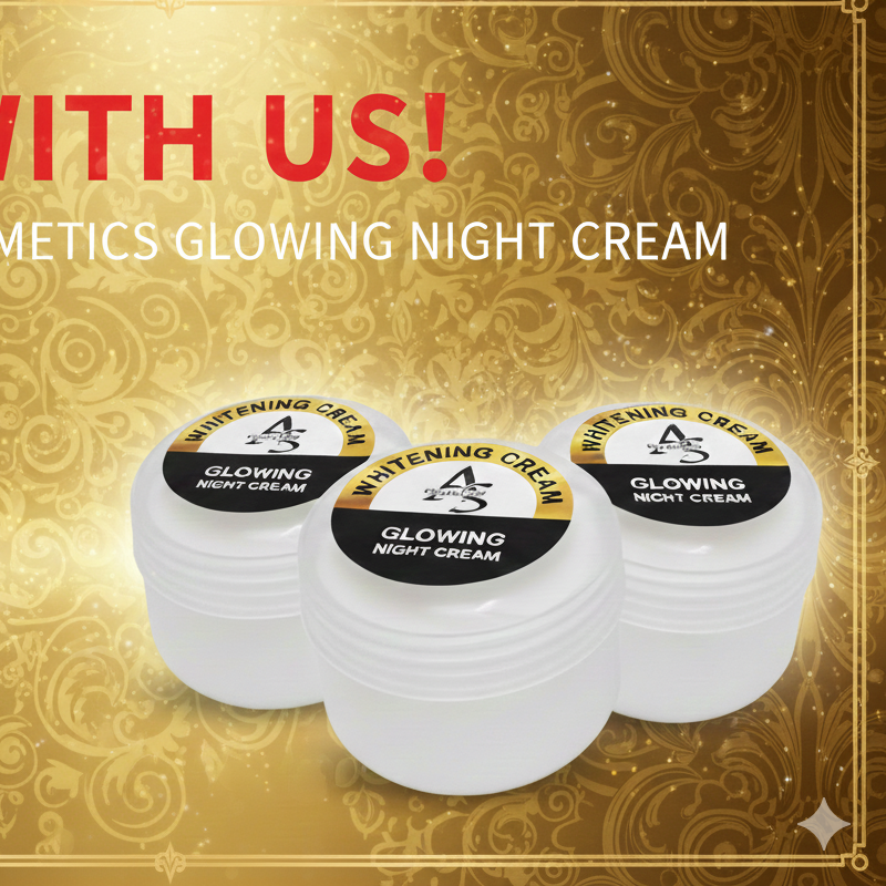 Cosmetic cream containers with 'Glow with Us' text on a decorative gold background